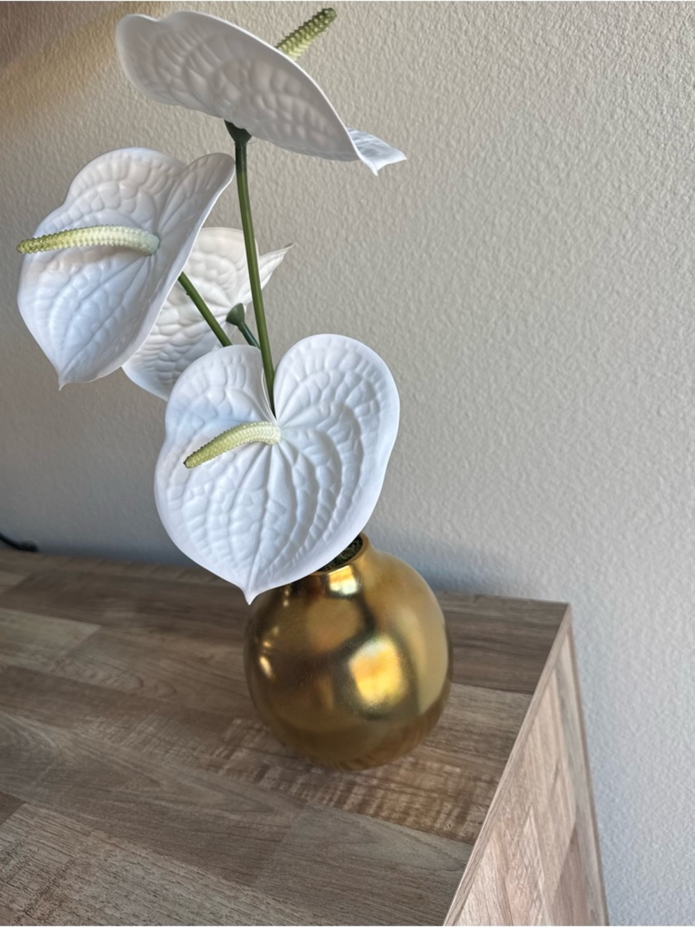 Gold Ceramic Vase with White Anthurium Stems - Home Accents
